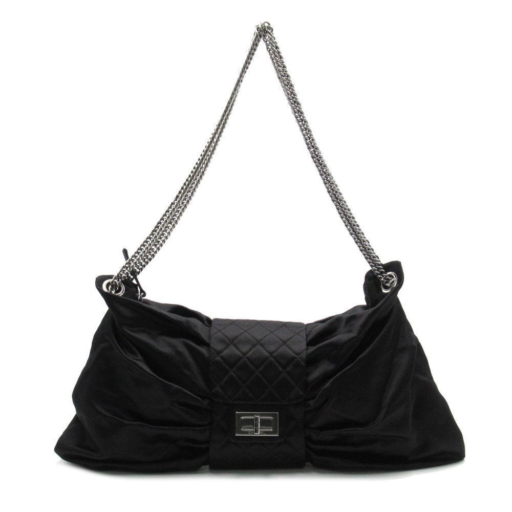 Chanel Shoulder Bag Ribbon Chain Fabric Black